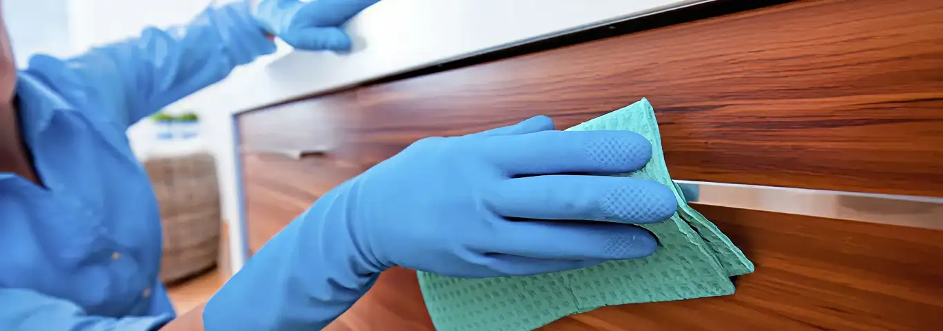 Cleaner wearing blue gloves wiping a wooden cabinet drawer with a microfiber cloth for dust and grime removal, Lakeland, FL.
