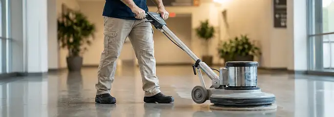 Professional technician using an industrial floor buffer to polish and maintain shiny commercial flooring in a corporate hallway in Lakeland, FL.