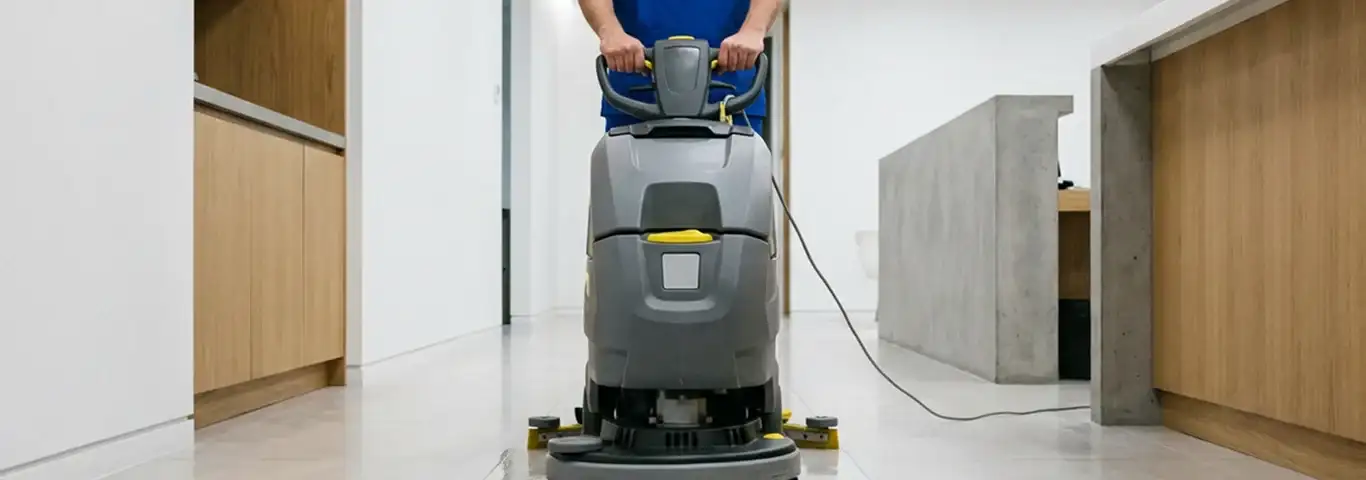 Janitorial staff using a floor scrubber machine to clean a commercial hallway, Lakeland, FL.