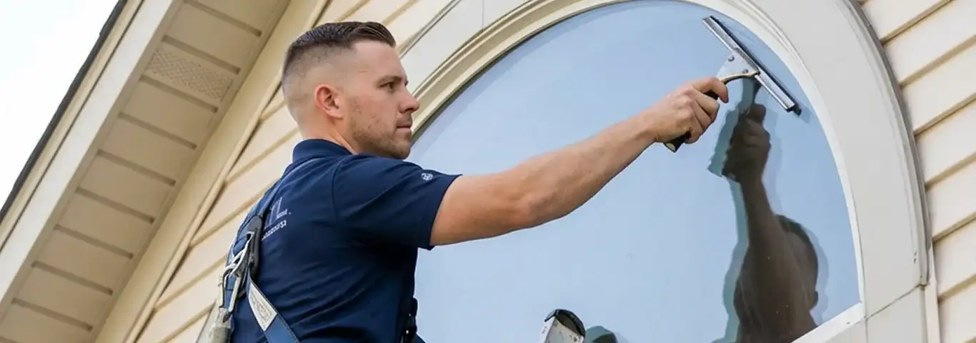 Professional window cleaner using a squeegee to clean an exterior arched window on a home, Lakeland, FL.