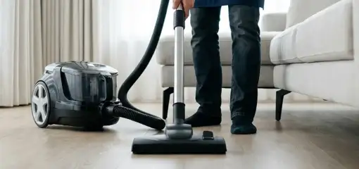 Professional house cleaner vacuuming a living room floor with a canister vacuum cleaner, Lakeland, FL.