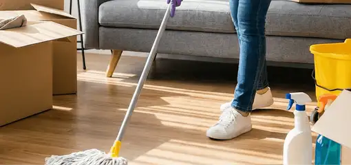 Move-out cleaning setup with a cleaner mopping hardwood floors near moving boxes and cleaning supplies, Lakeland, FL.