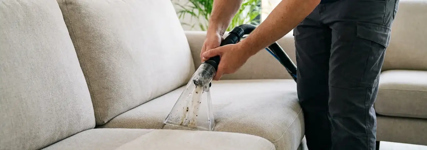 Technician extracting dirt and moisture from a fabric sofa with an upholstery cleaning wand, Lakeland, FL.