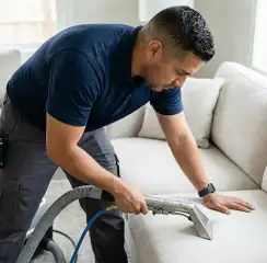 Professional upholstery cleaning technician using an extraction wand to deep-clean a fabric sofa, Lakeland, FL.
