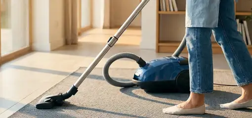 Person vacuuming a living room rug with a canister vacuum cleaner near large windows, Lakeland, FL.